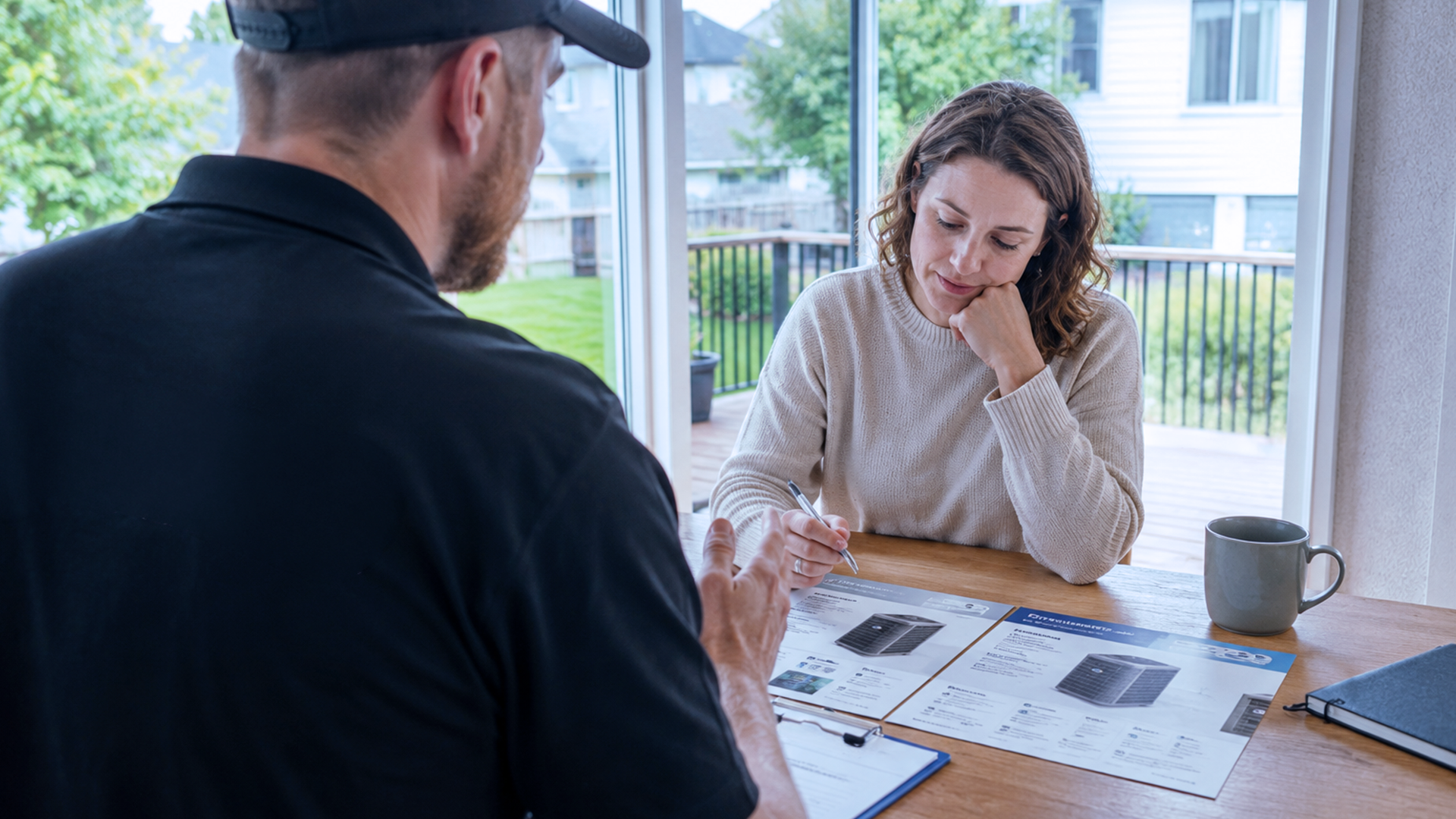 A homeowner reviewing their AC options with a Razor rep; best AC options - Razor blog