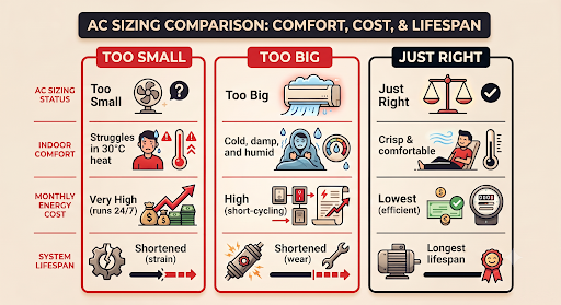 AC Sizing: Why It’s Critical for Comfort and Efficiency AC Sizing Comparison Chart: Comfort, Cost, and Lifespan